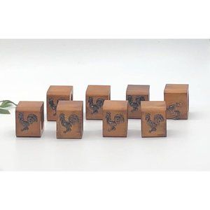 Vintage Turkey Hen Rooster Napkin Rings by Victor Goldman Bronze on Genuine Wood